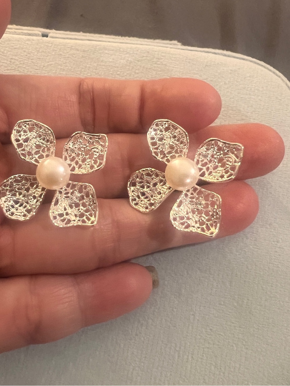 Silver Floral Pearl Center Stud Earrings - Women Jewelry